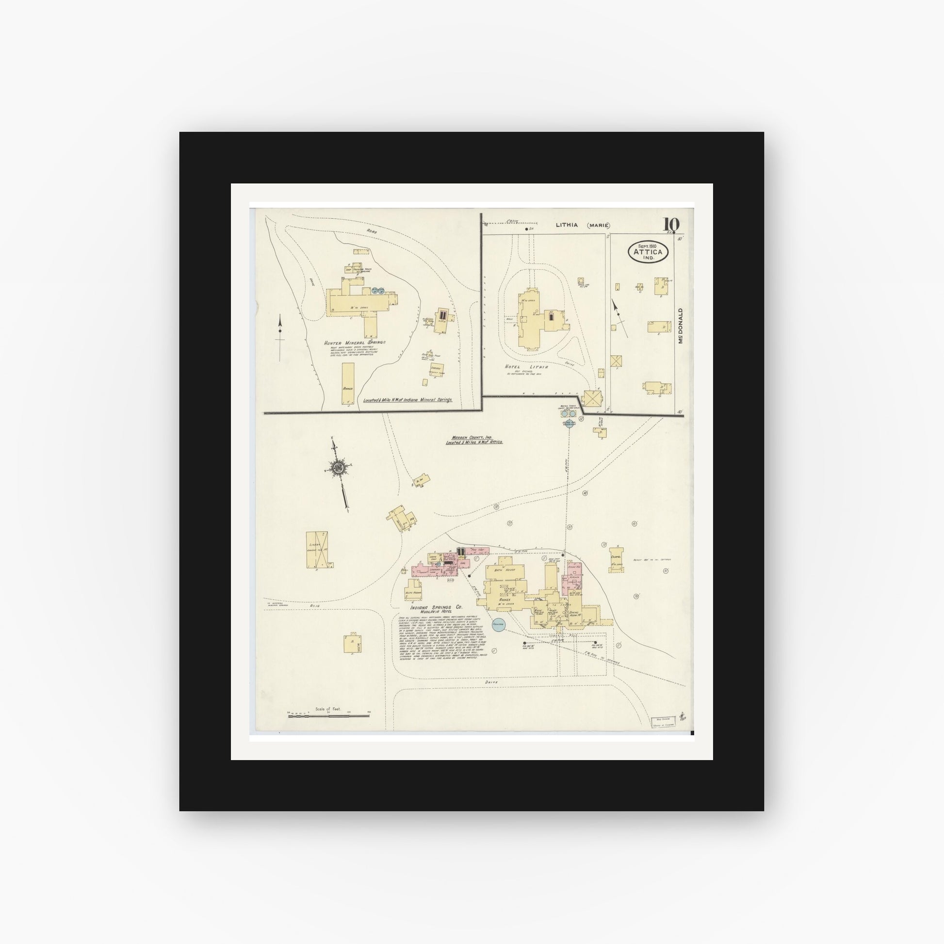 Old map wall art mockup — black gallery frame with white mat — Sanborn Fire Insurance Map from Attica, Fountain County, Indiana (1910), Sheet #0010