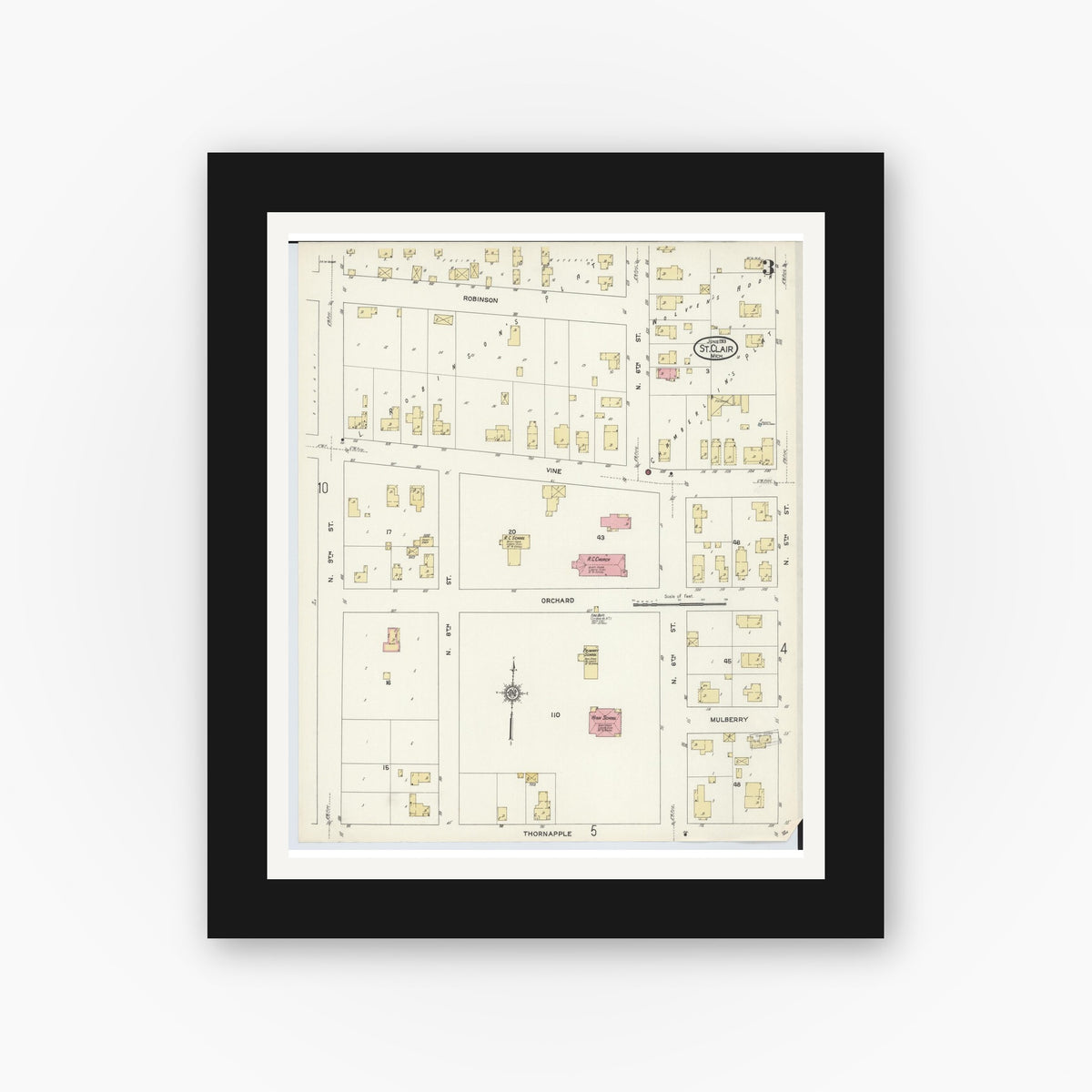 Old map wall art mockup — black gallery frame with white mat — Sanborn Fire Insurance Map from Saint Clair, Saint Clair County, Michigan (1913), Sheet #0003