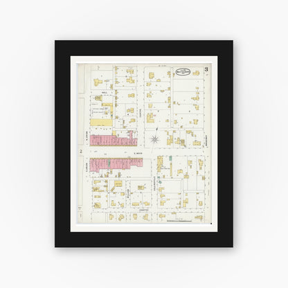 Old map wall art mockup — black gallery frame with white mat — Sanborn Fire Insurance Map from Whitesboro, Grayson County, Texas (1896), Sheet #0003