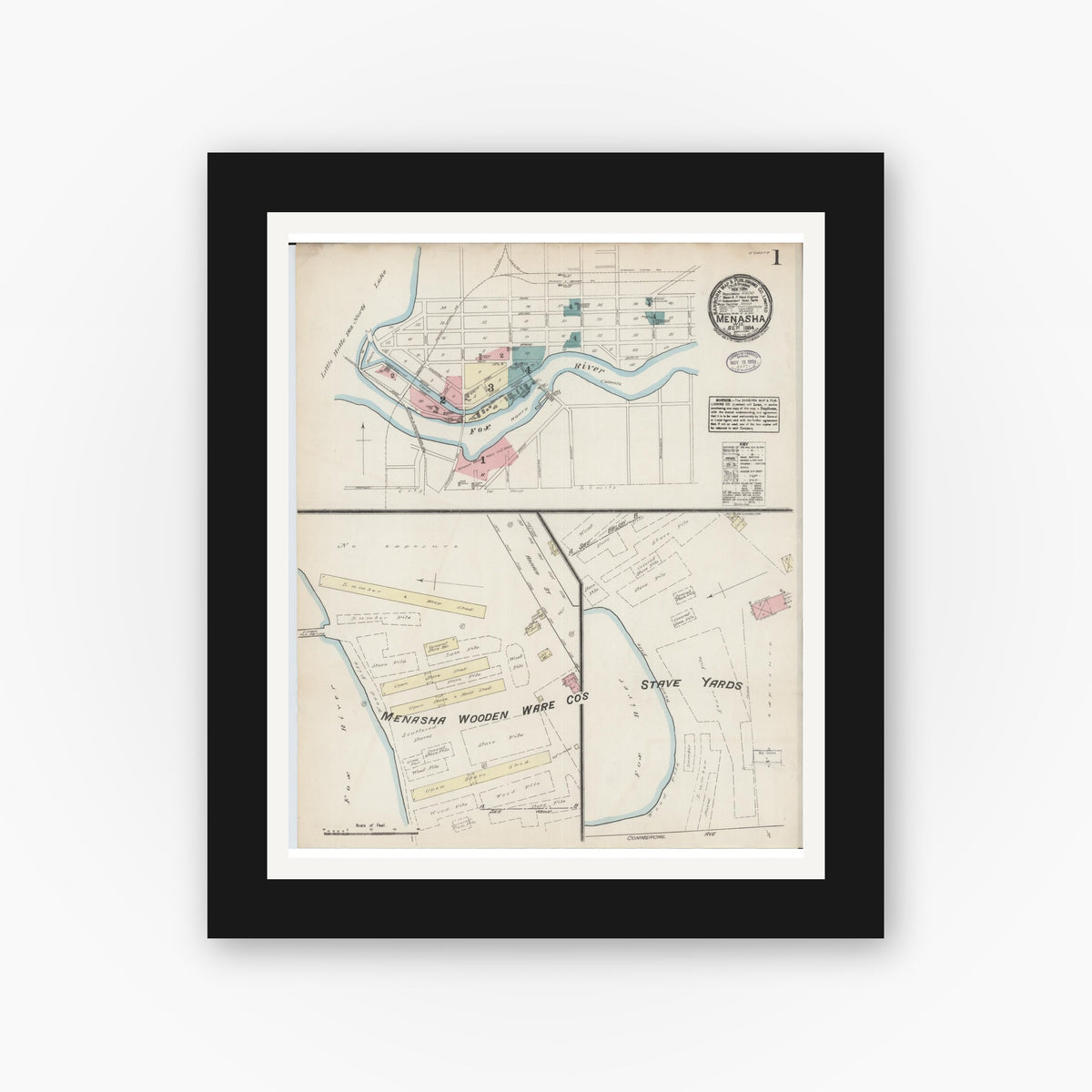 Old map wall art mockup — black gallery frame with white mat — Sanborn Fire Insurance Map from Menasha, Winnebago County, Wisconsin (1884) - Complete Map Set