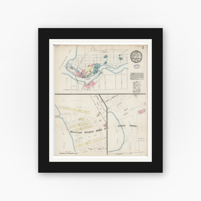Old map wall art mockup — black gallery frame with white mat — Sanborn Fire Insurance Map from Menasha, Winnebago County, Wisconsin (1884) - Complete Map Set