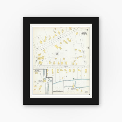 Old map wall art mockup — black gallery frame with white mat — Sanborn Fire Insurance Map from Mansfield, Bristol County, Massachusetts (1903), Sheet #0008
