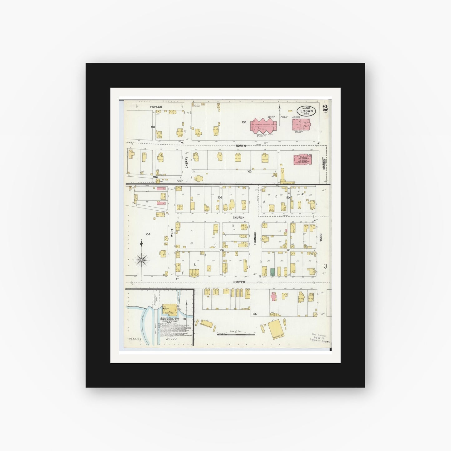 Old map wall art mockup — black gallery frame with white mat — Sanborn Fire Insurance Map from Logan, Hocking County, Ohio (1900), Sheet #0002