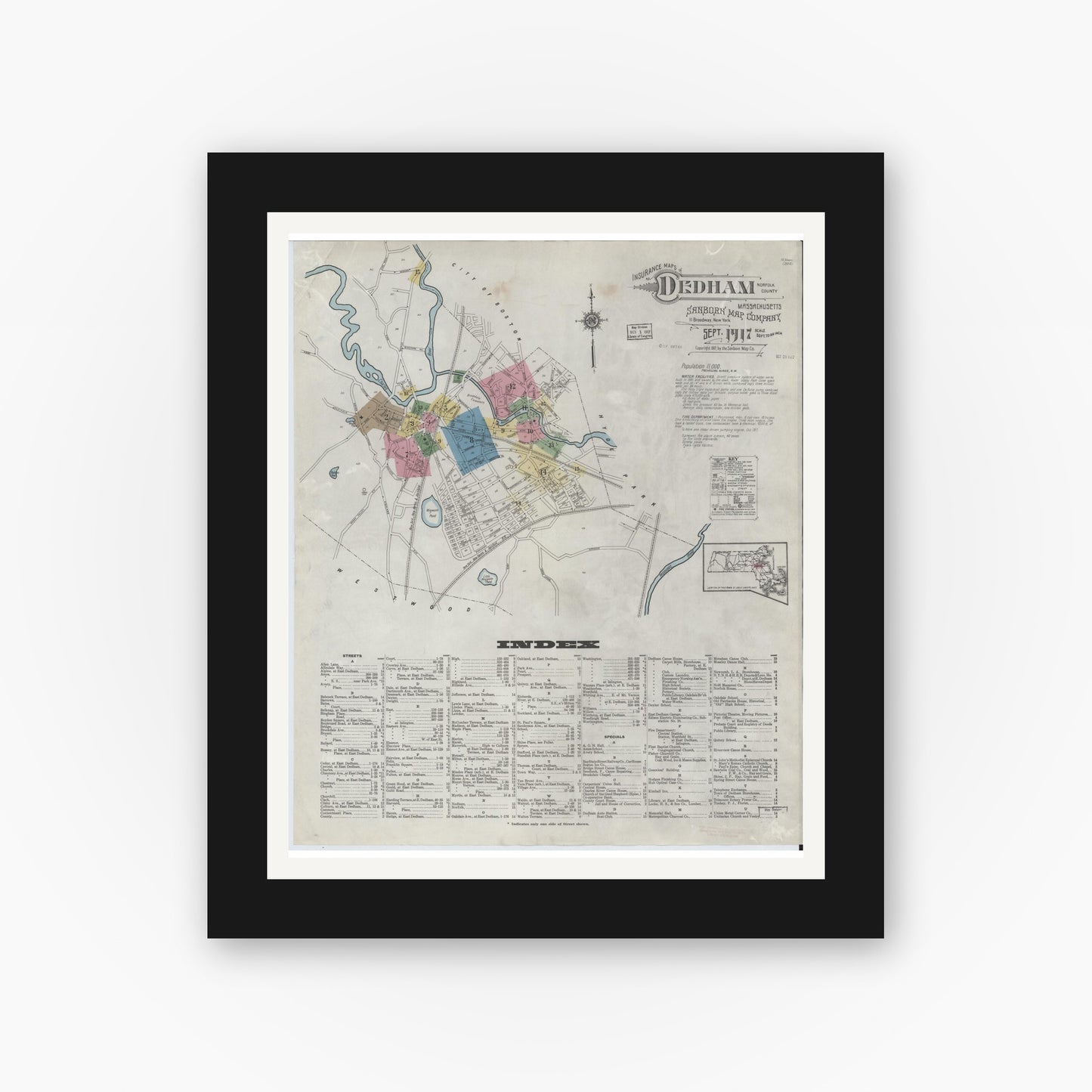 Old map wall art mockup — black gallery frame with white mat — Sanborn Fire Insurance Map from Dedham, Norfolk County, Massachusetts (1917), Sheet #0001