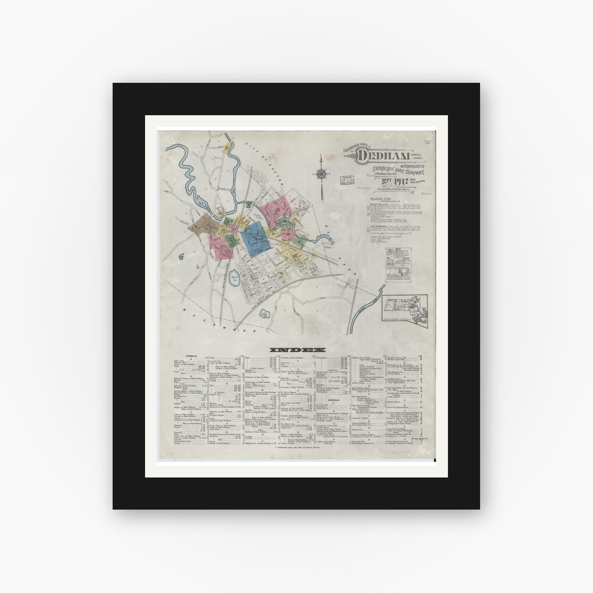 Old map wall art mockup — black gallery frame with white mat — Sanborn Fire Insurance Map from Dedham, Norfolk County, Massachusetts (1917), Sheet #0001