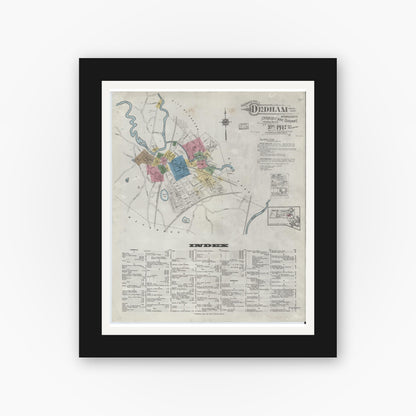 Old map wall art mockup — black gallery frame with white mat — Sanborn Fire Insurance Map from Dedham, Norfolk County, Massachusetts (1917), Sheet #0001