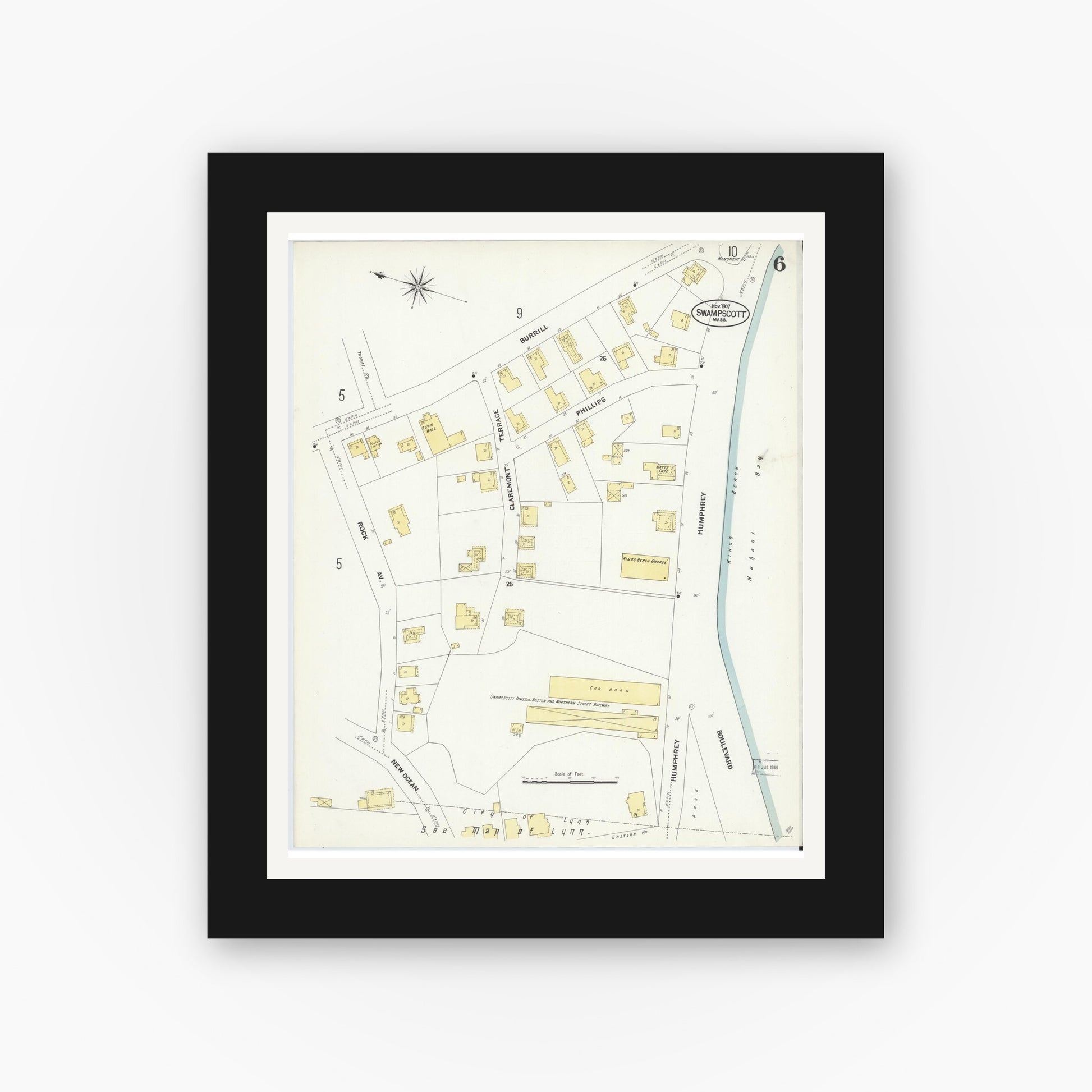 Old map wall art mockup — black gallery frame with white mat — Sanborn Fire Insurance Map from Swampscott, Essex County, Massachusetts (1907), Sheet #0006