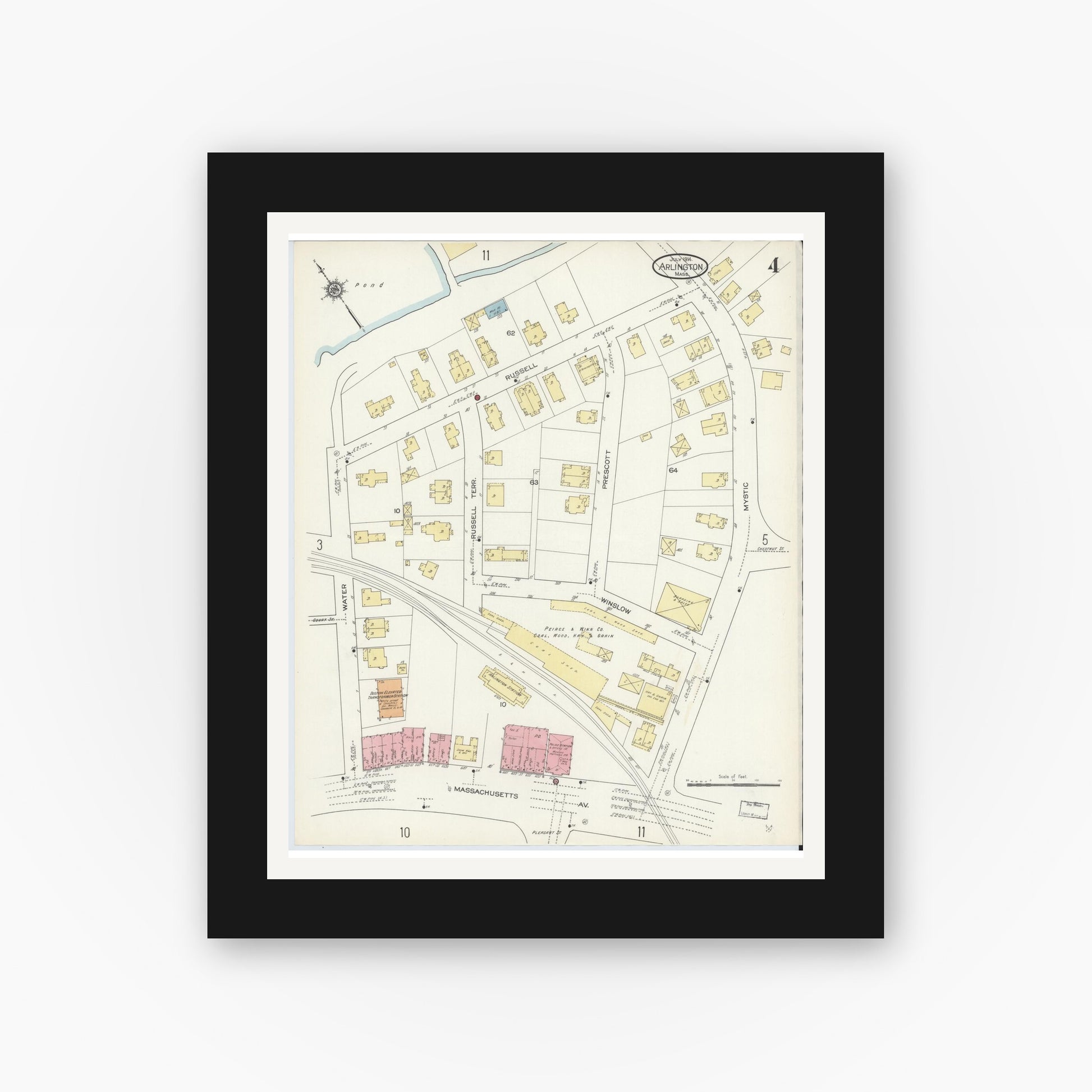 Old map wall art mockup — black gallery frame with white mat — Sanborn Fire Insurance Map from Arlington, Middlesex County, Massachusetts (1914), Sheet #0004
