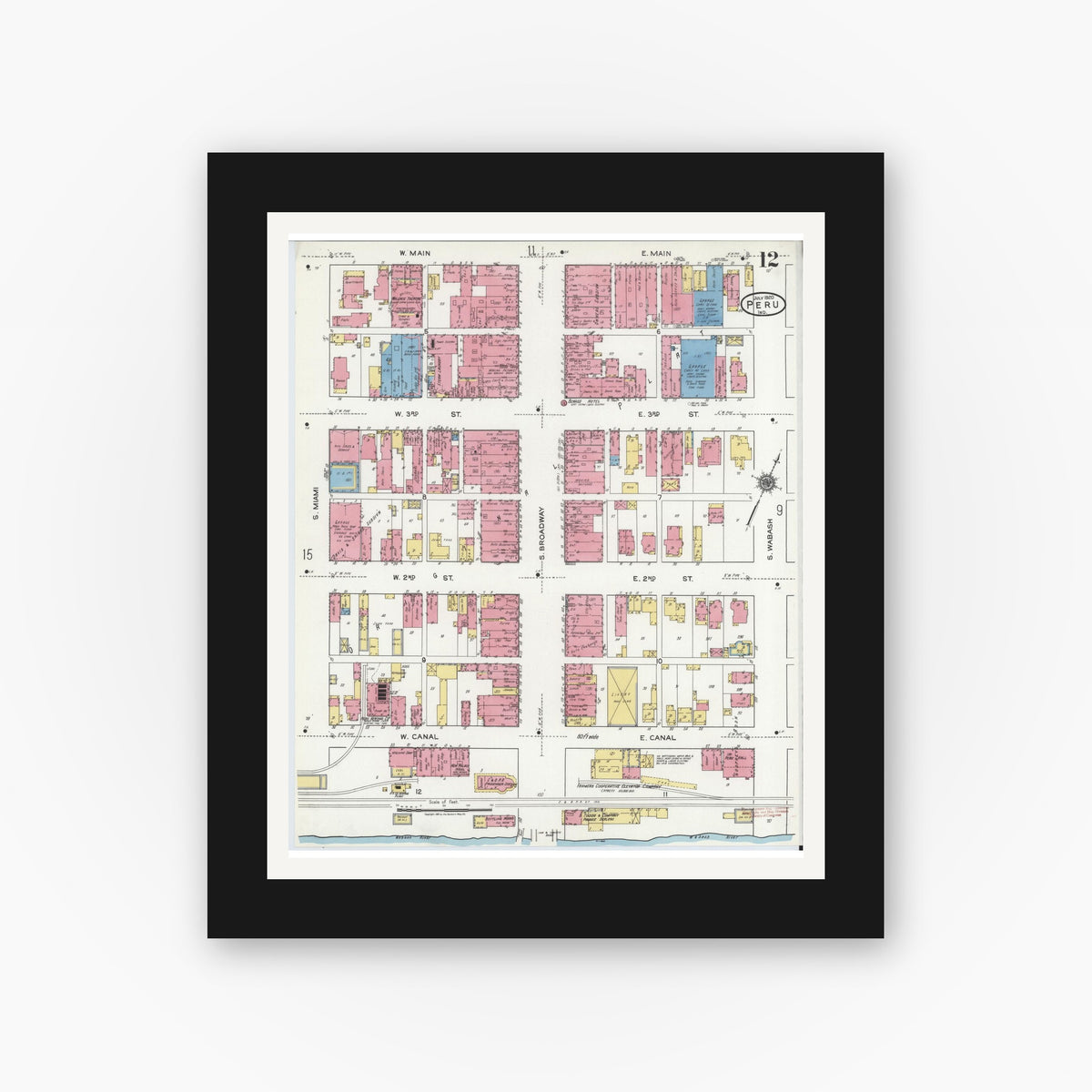 Old map wall art mockup — black gallery frame with white mat — Sanborn Fire Insurance Map from Peru, Miami County, Indiana (1920), Sheet #0012