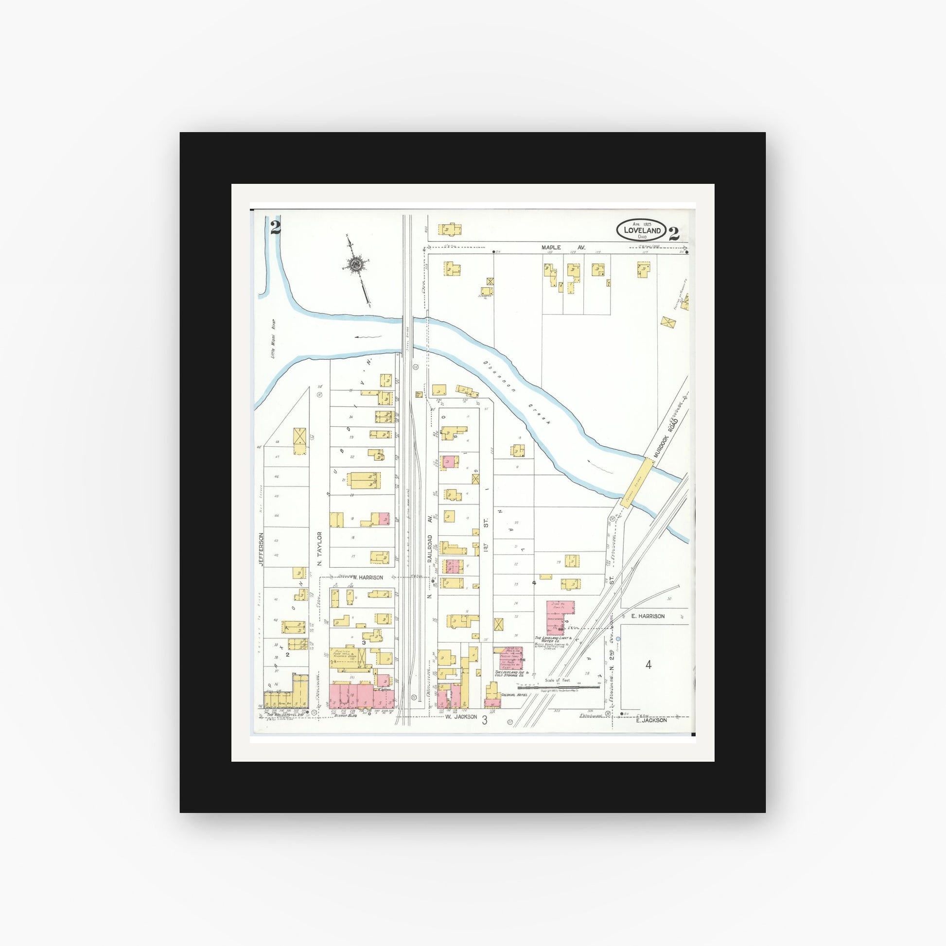 Old map wall art mockup — black gallery frame with white mat — Sanborn Fire Insurance Map from Loveland, Clermont, Hamilton, And Warren County, Ohio (1923), Sheet #0002