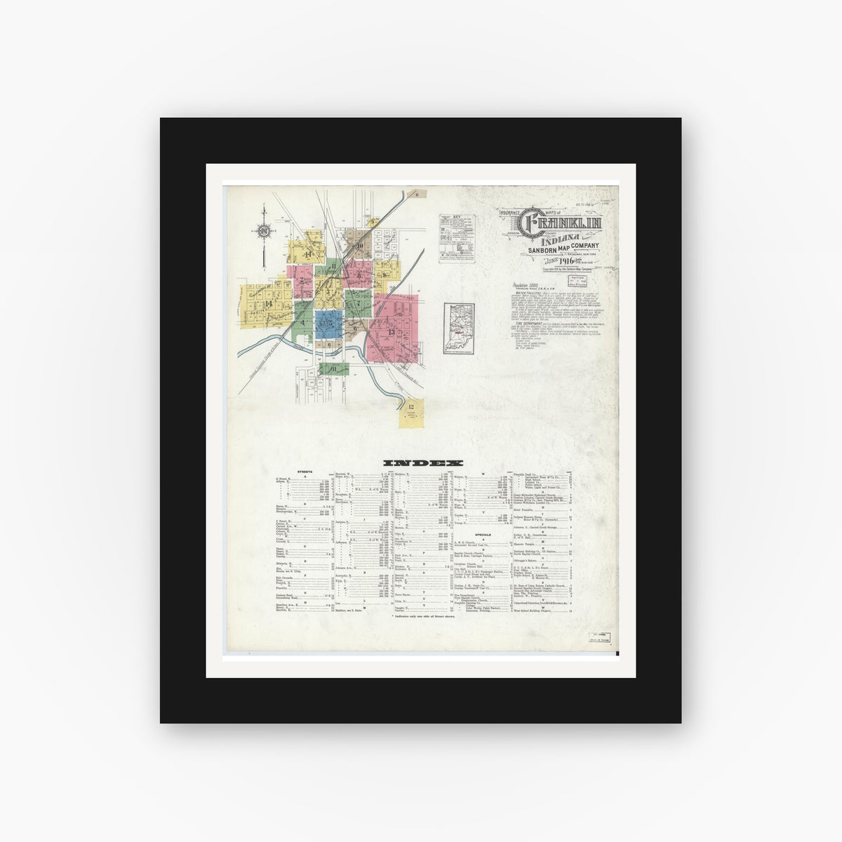 Old map wall art mockup — black gallery frame with white mat — Sanborn Fire Insurance Map from Franklin, Johnson County, Indiana (1916), Sheet #0001