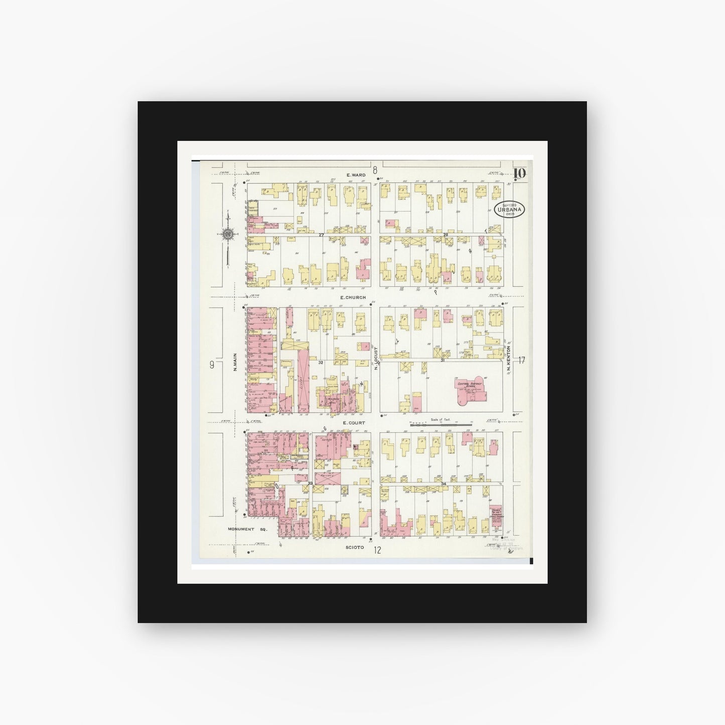 Old map wall art mockup — black gallery frame with white mat — Sanborn Fire Insurance Map from Urbana, Champaign County, Ohio (1910), Sheet #0010