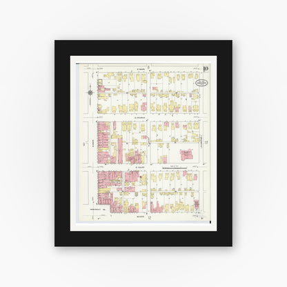 Old map wall art mockup — black gallery frame with white mat — Sanborn Fire Insurance Map from Urbana, Champaign County, Ohio (1910), Sheet #0010