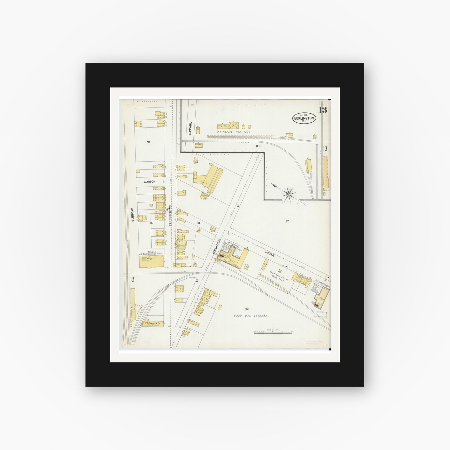 Old map wall art mockup — black gallery frame with white mat — Sanborn Fire Insurance Map from Burlington, Burlington County, New Jersey (1902), Sheet #0013