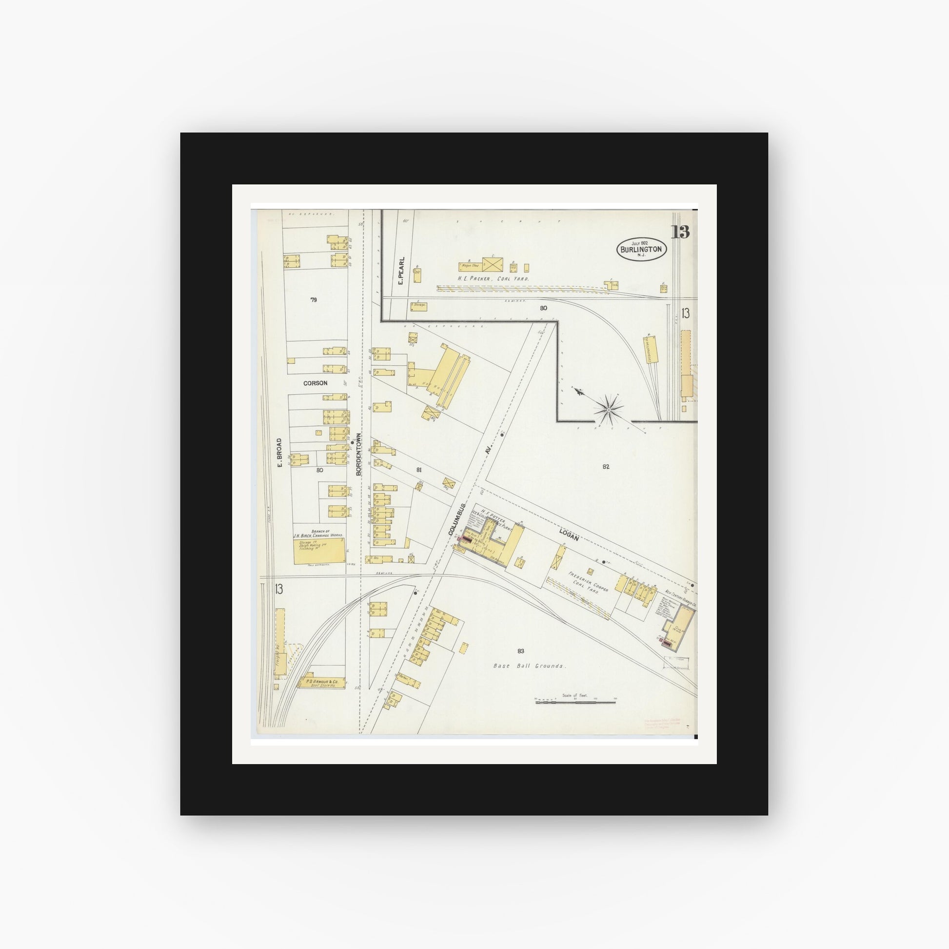 Old map wall art mockup — black gallery frame with white mat — Sanborn Fire Insurance Map from Burlington, Burlington County, New Jersey (1902), Sheet #0013