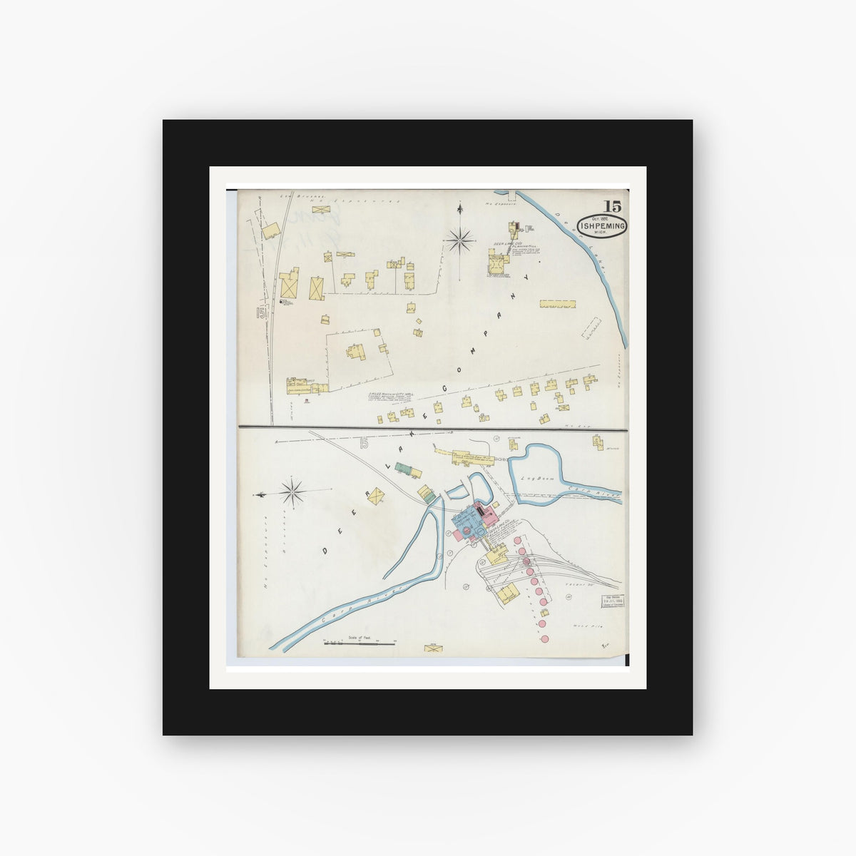 Old map wall art mockup — black gallery frame with white mat — Sanborn Fire Insurance Map from Ishpeming, Marquette County, Michigan (1892), Sheet #0015