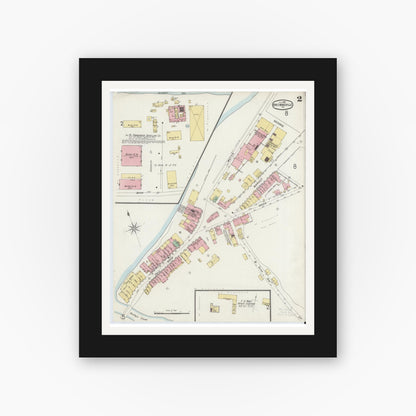 Old map wall art mockup — black gallery frame with white mat — Sanborn Fire Insurance Map from Brownsville, Fayette County, Pennsylvania (1896), Sheet #0002