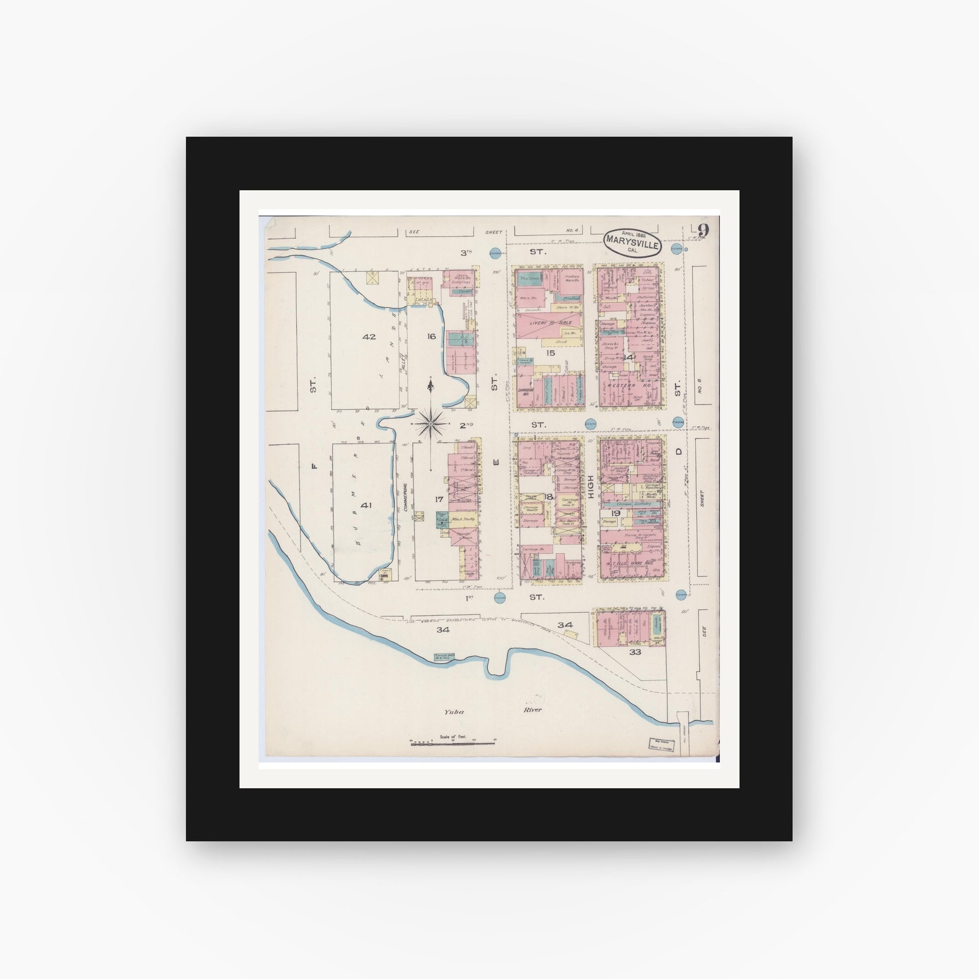 Old map wall art mockup — black gallery frame with white mat — Sanborn Fire Insurance Map from Marysville, Yuba County, California (1885), Sheet #0009