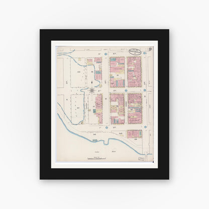 Old map wall art mockup — black gallery frame with white mat — Sanborn Fire Insurance Map from Marysville, Yuba County, California (1885), Sheet #0009