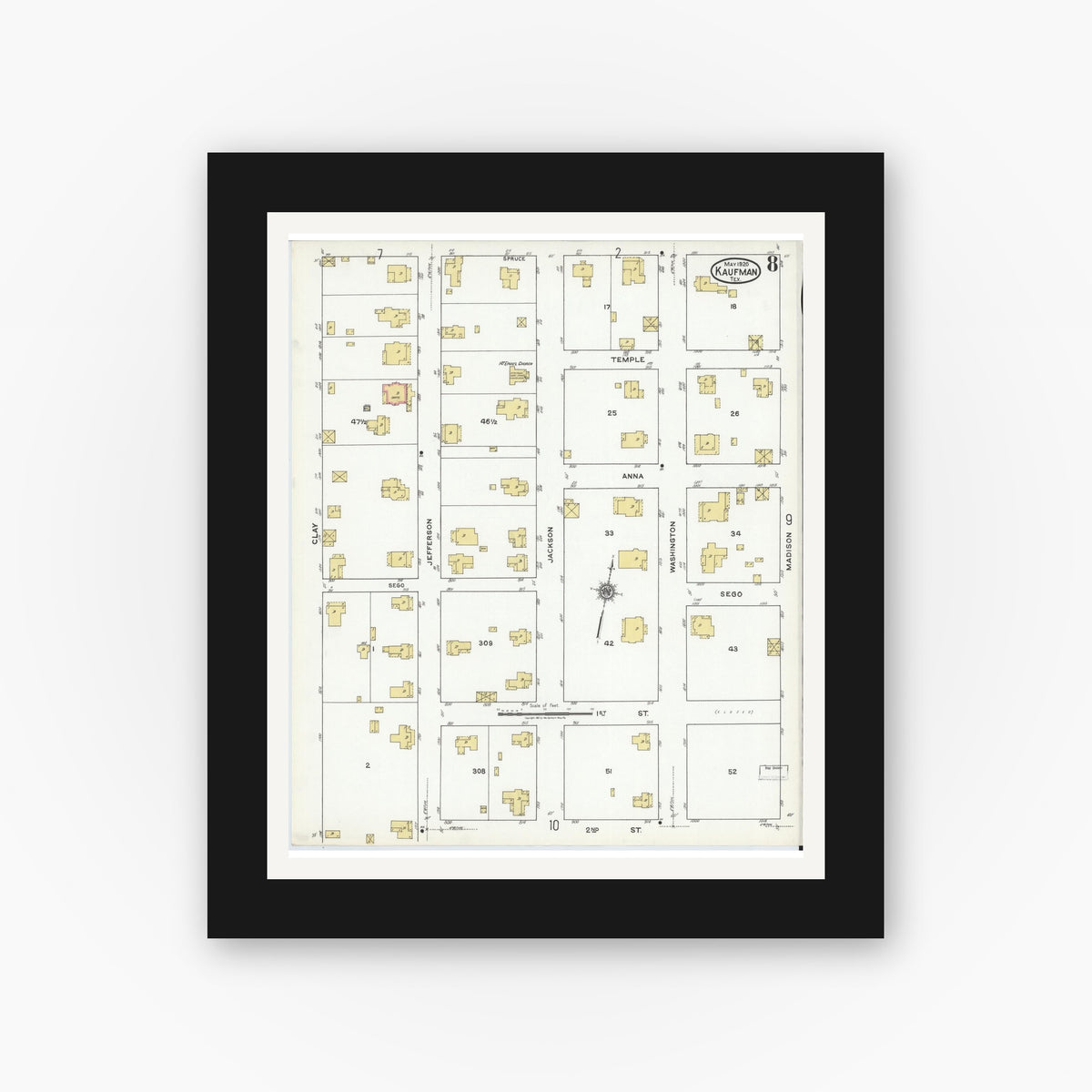 Old map wall art mockup — black gallery frame with white mat — Sanborn Fire Insurance Map from Kaufman, Kaufman County, Texas (1920), Sheet #0008