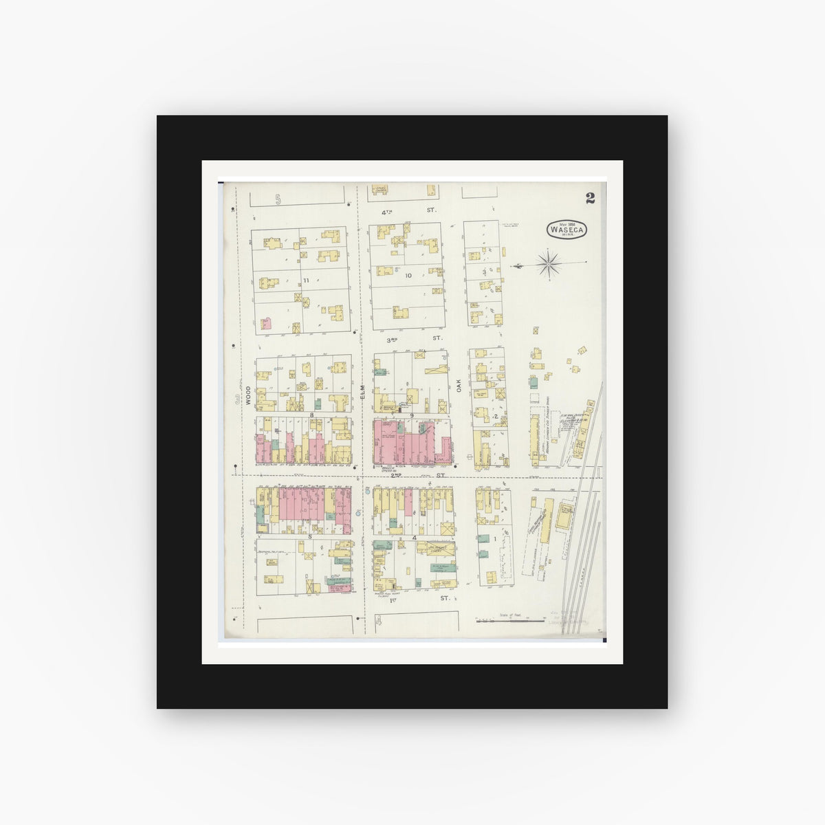 Old map wall art mockup — black gallery frame with white mat — Sanborn Fire Insurance Map from Waseca, Waseca County, Minnesota (1894), Sheet #0002