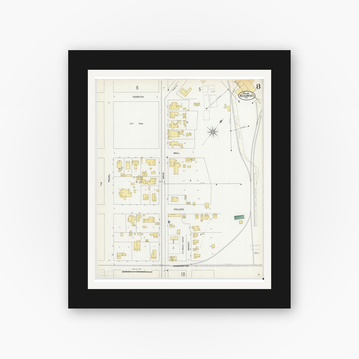 Old map wall art mockup — black gallery frame with white mat — Sanborn Fire Insurance Map from Beaumont, Jefferson County, Texas (1902), Sheet #0008