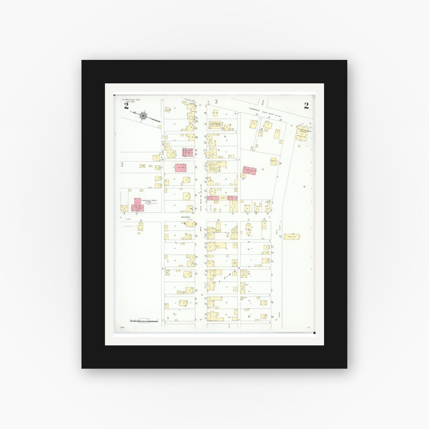 Old map wall art mockup — black gallery frame with white mat — Sanborn Fire Insurance Map from Cumberland, Guernsey County, Ohio (1946), Sheet #0002
