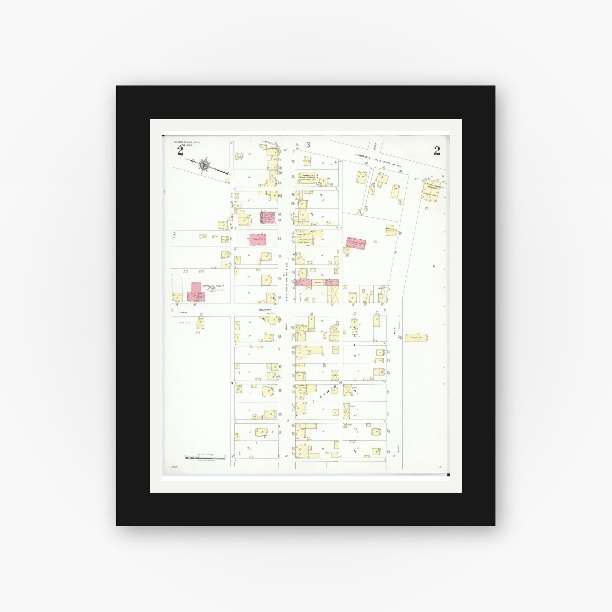 Old map wall art mockup — black gallery frame with white mat — Sanborn Fire Insurance Map from Cumberland, Guernsey County, Ohio (1946), Sheet #0002