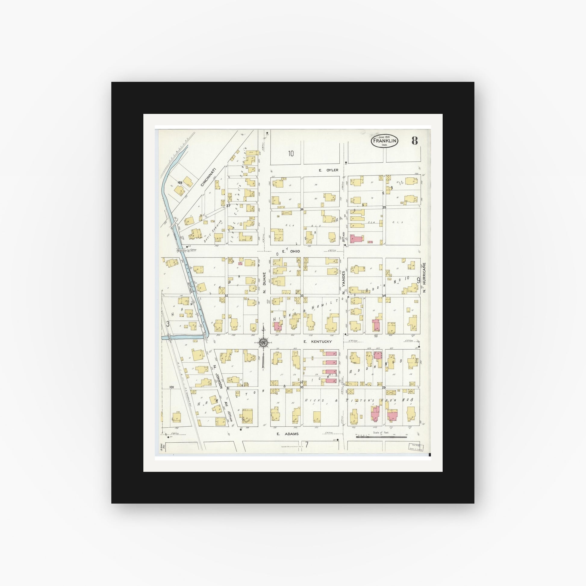Old map wall art mockup — black gallery frame with white mat — Sanborn Fire Insurance Map from Franklin, Johnson County, Indiana (1916), Sheet #0008