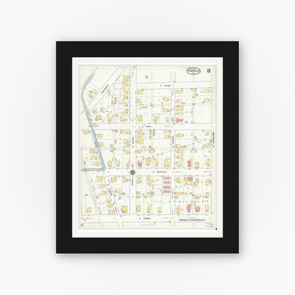 Old map wall art mockup — black gallery frame with white mat — Sanborn Fire Insurance Map from Franklin, Johnson County, Indiana (1916), Sheet #0008