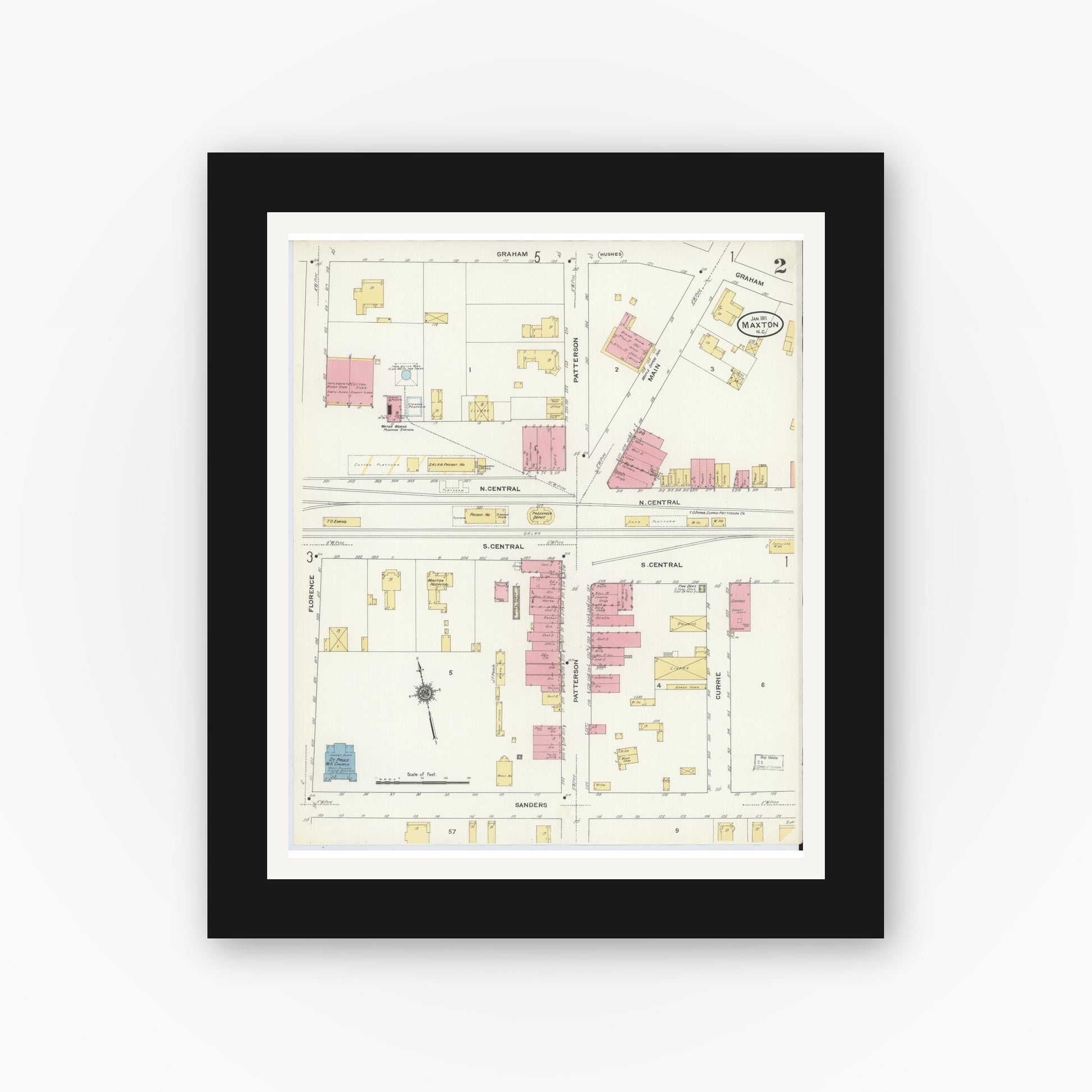 Old map wall art mockup — black gallery frame with white mat — Sanborn Fire Insurance Map from Maxton, Robeson County, North Carolina (1911), Sheet #0002
