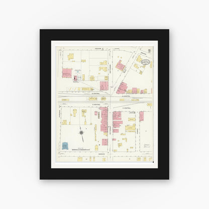 Old map wall art mockup — black gallery frame with white mat — Sanborn Fire Insurance Map from Maxton, Robeson County, North Carolina (1911), Sheet #0002