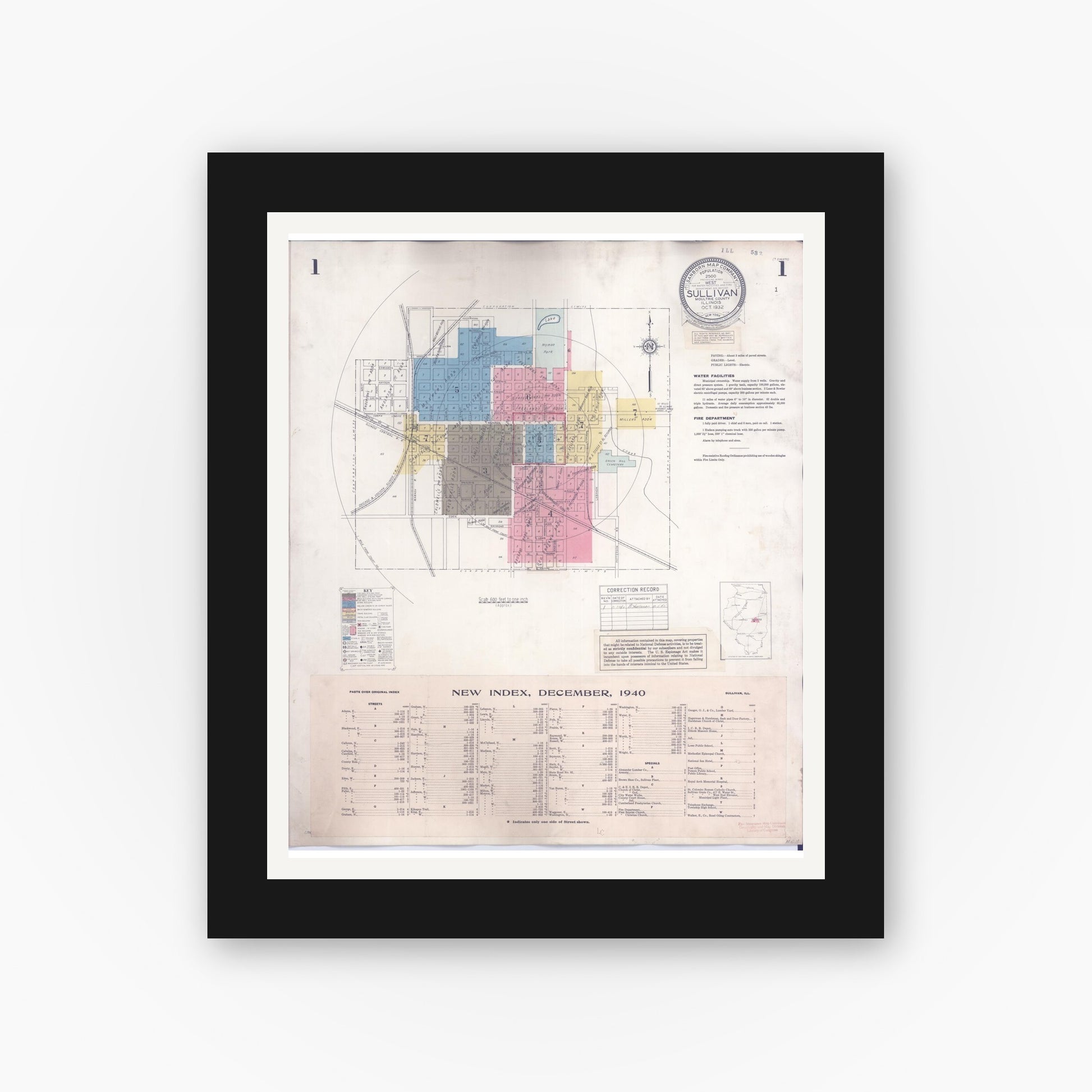 Old map wall art mockup — black gallery frame with white mat — Sanborn Fire Insurance Map from Sullivan, Moultrie County, Illinois (1940) - Complete Map Set