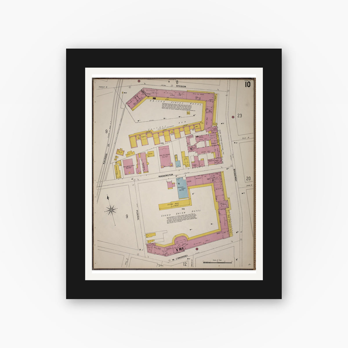 Old map wall art mockup — black gallery frame with white mat — Sanborn Fire Insurance Map from Saratoga, Saratoga County, New York (1900), Sheet #0010