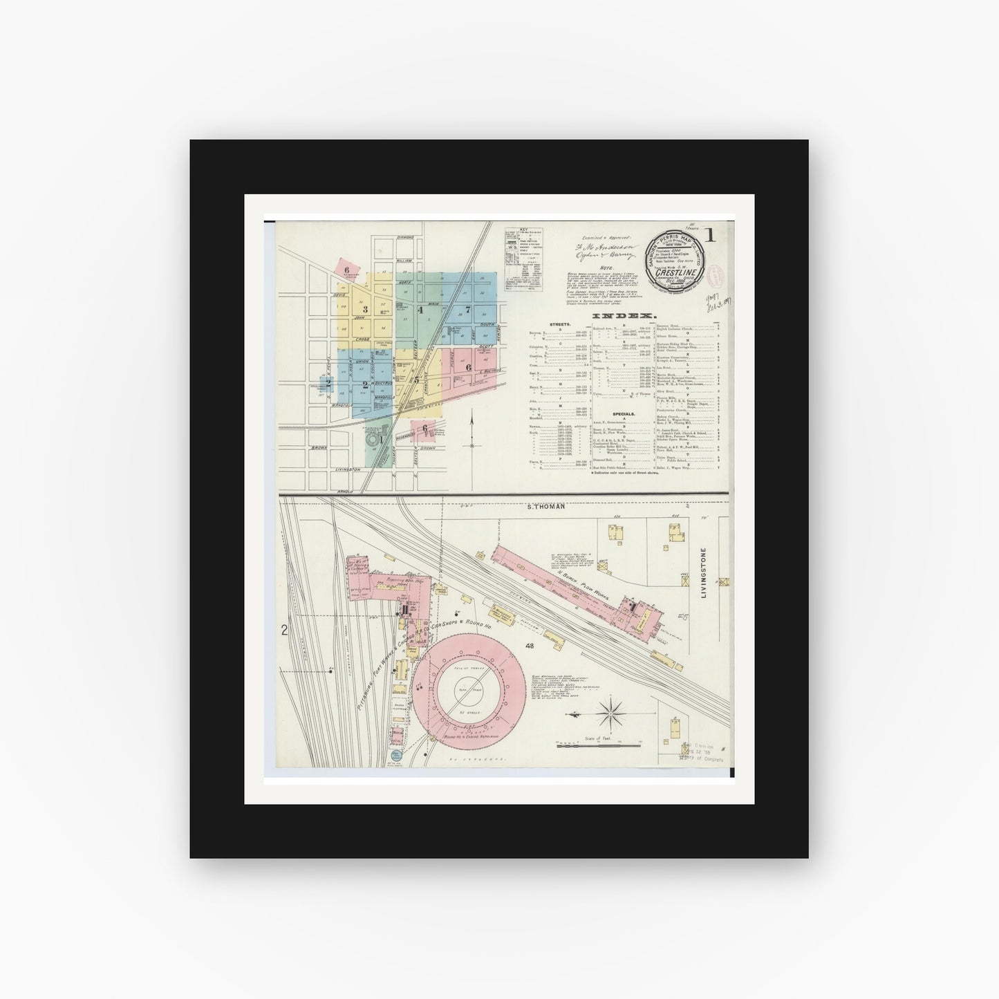 Old map wall art mockup — black gallery frame with white mat — Sanborn Fire Insurance Map from Crestline, Crawford County, Ohio (1896) - Complete Map Set