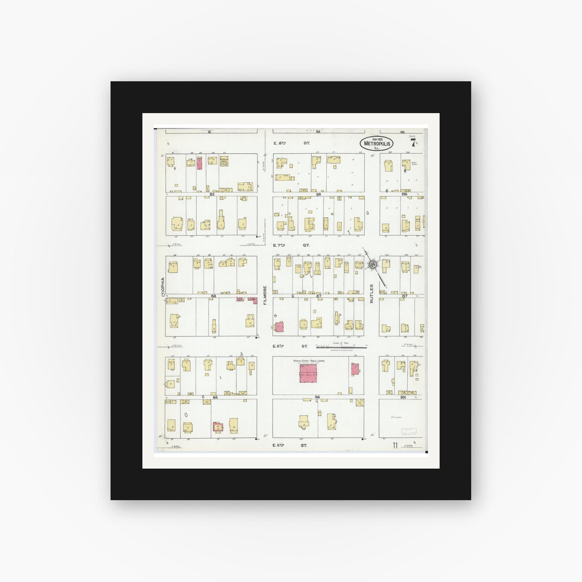 Old map wall art mockup — black gallery frame with white mat — Sanborn Fire Insurance Map from Metropolis, Massac County, Illinois (1921), Sheet #0007