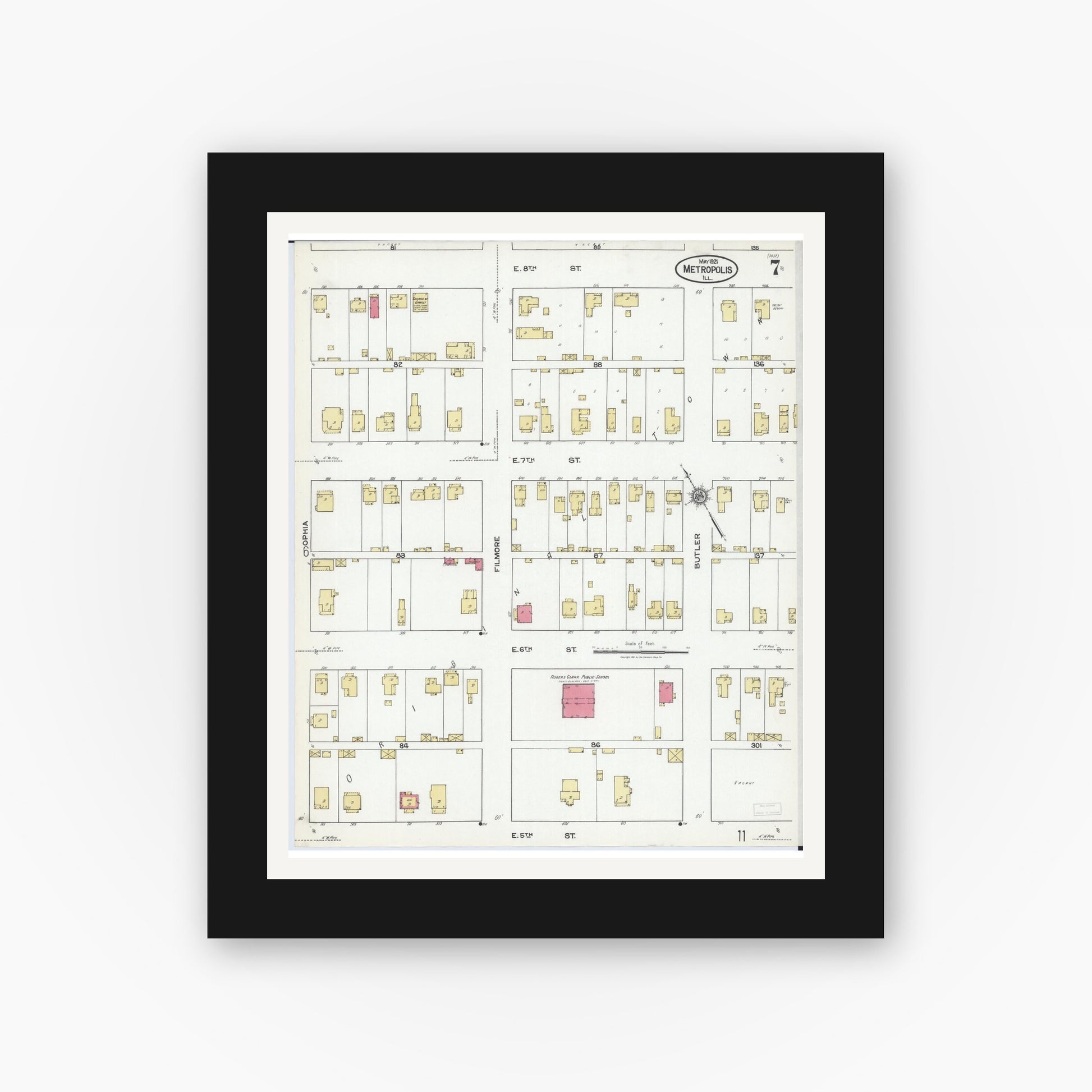 Old map wall art mockup — black gallery frame with white mat — Sanborn Fire Insurance Map from Metropolis, Massac County, Illinois (1921), Sheet #0007