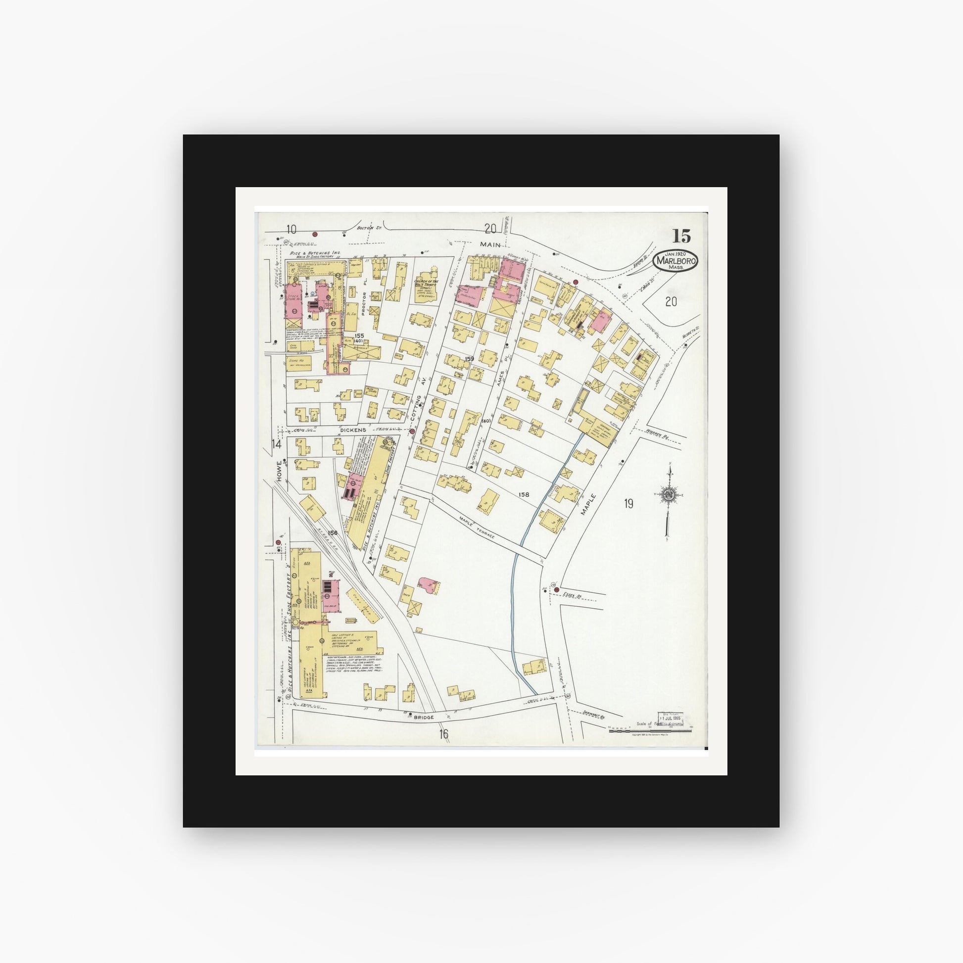 Old map wall art mockup — black gallery frame with white mat — Sanborn Fire Insurance Map from Marlborough, Middlesex County, Massachusetts (1920), Sheet #0015