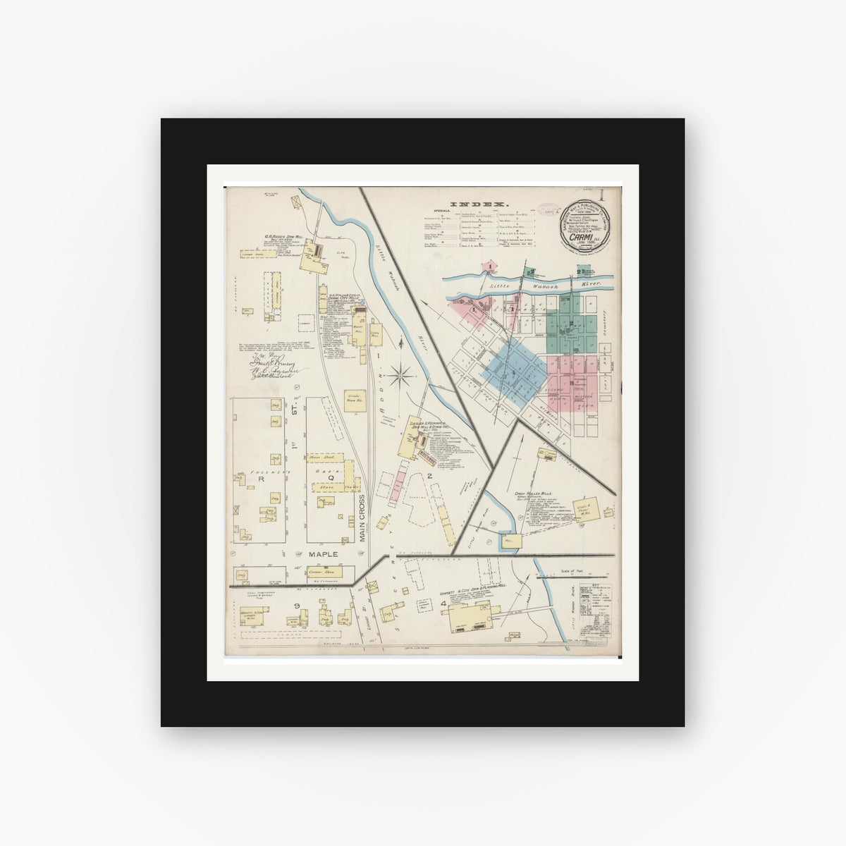 Old map wall art mockup — black gallery frame with white mat — Sanborn Fire Insurance Map from Carmi, White County, Illinois (1886) - Complete Map Set