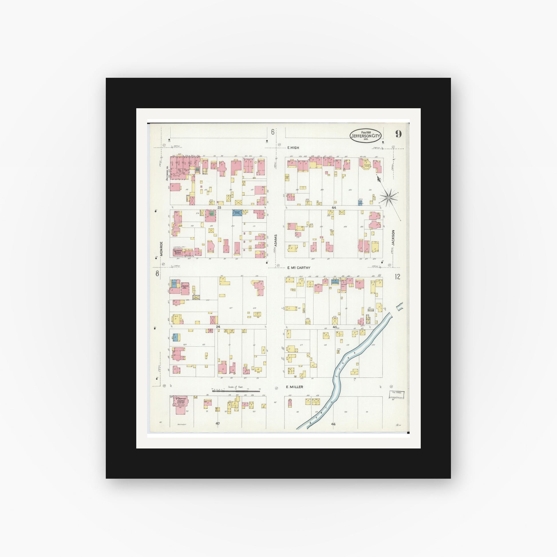 Old map wall art mockup — black gallery frame with white mat — Sanborn Fire Insurance Map from Jefferson City, Cole County, Missouri (1908), Sheet #0009