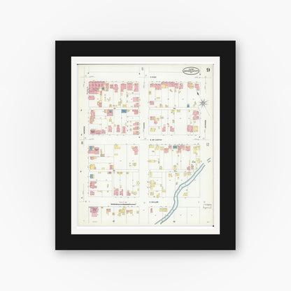 Old map wall art mockup — black gallery frame with white mat — Sanborn Fire Insurance Map from Jefferson City, Cole County, Missouri (1908), Sheet #0009