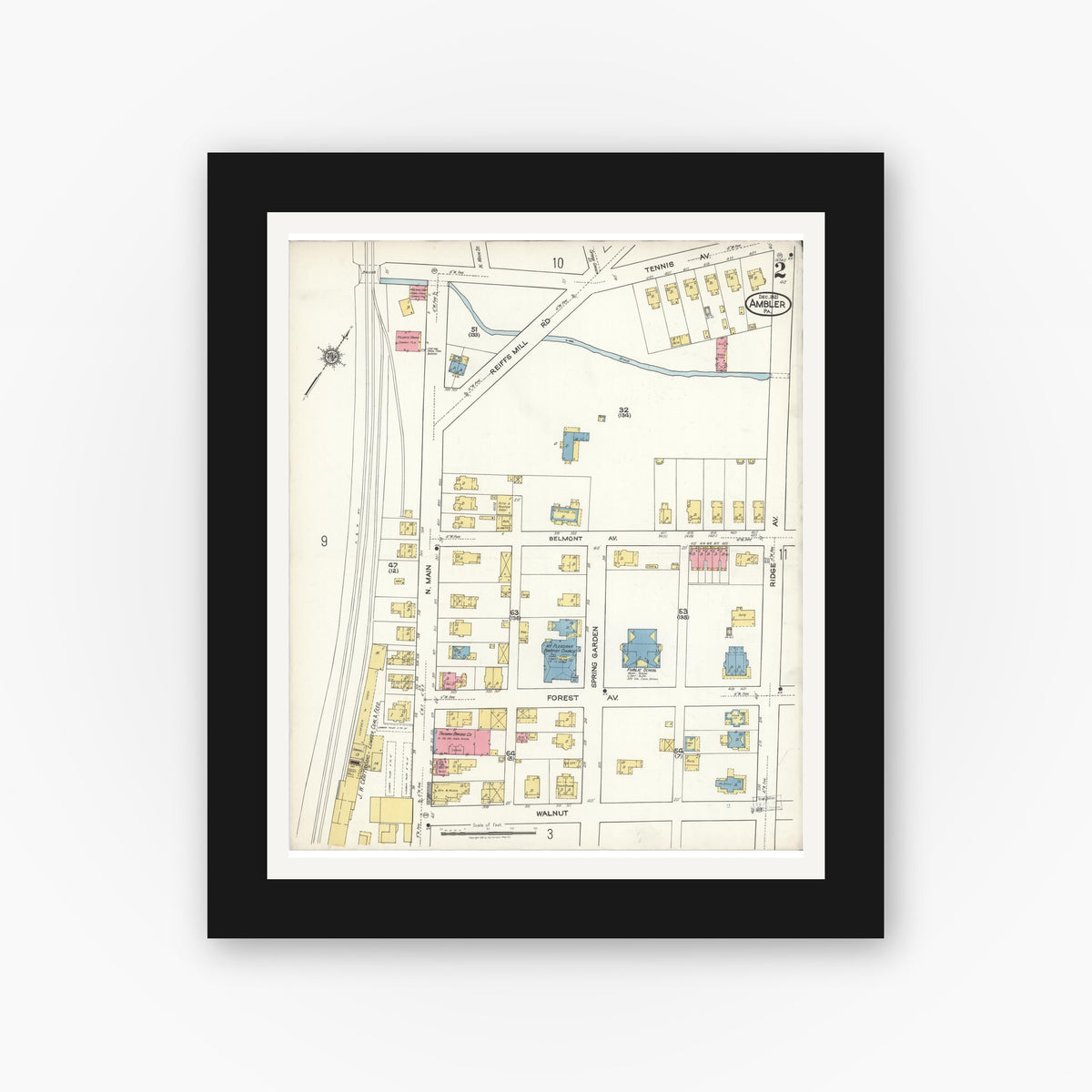 Old map wall art mockup — black gallery frame with white mat — Sanborn Fire Insurance Map from Ambler, Montgomery County, Pennsylvania (1921), Sheet #0002