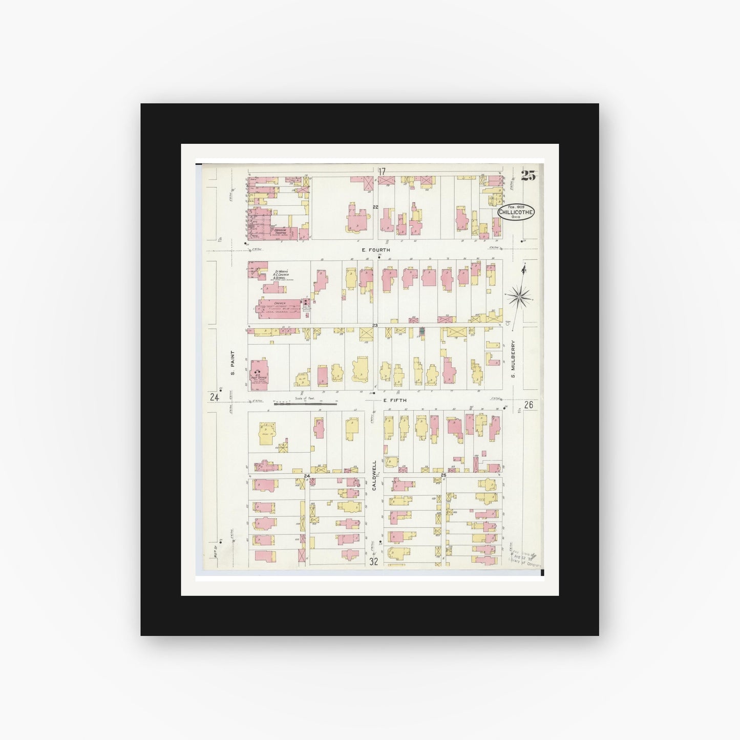 Old map wall art mockup — black gallery frame with white mat — Sanborn Fire Insurance Map from Chillicothe, Ross County, Ohio (1909), Sheet #0025