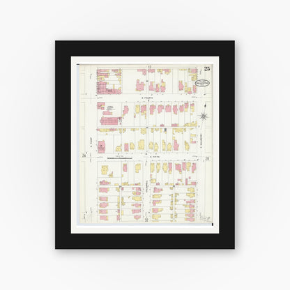 Old map wall art mockup — black gallery frame with white mat — Sanborn Fire Insurance Map from Chillicothe, Ross County, Ohio (1909), Sheet #0025