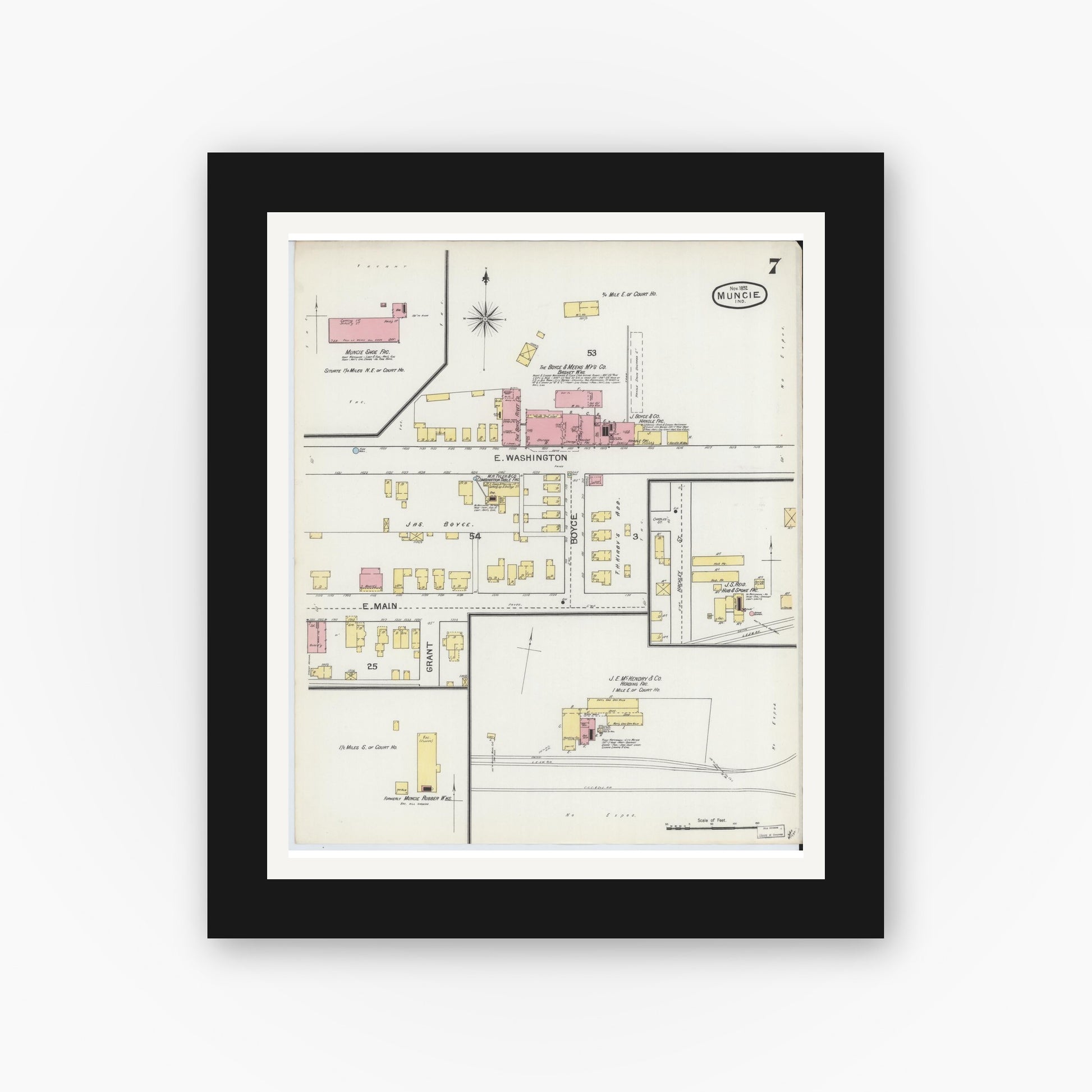 Old map wall art mockup — black gallery frame with white mat — Sanborn Fire Insurance Map from Muncie, Delaware County, Indiana (1892), Sheet #0007