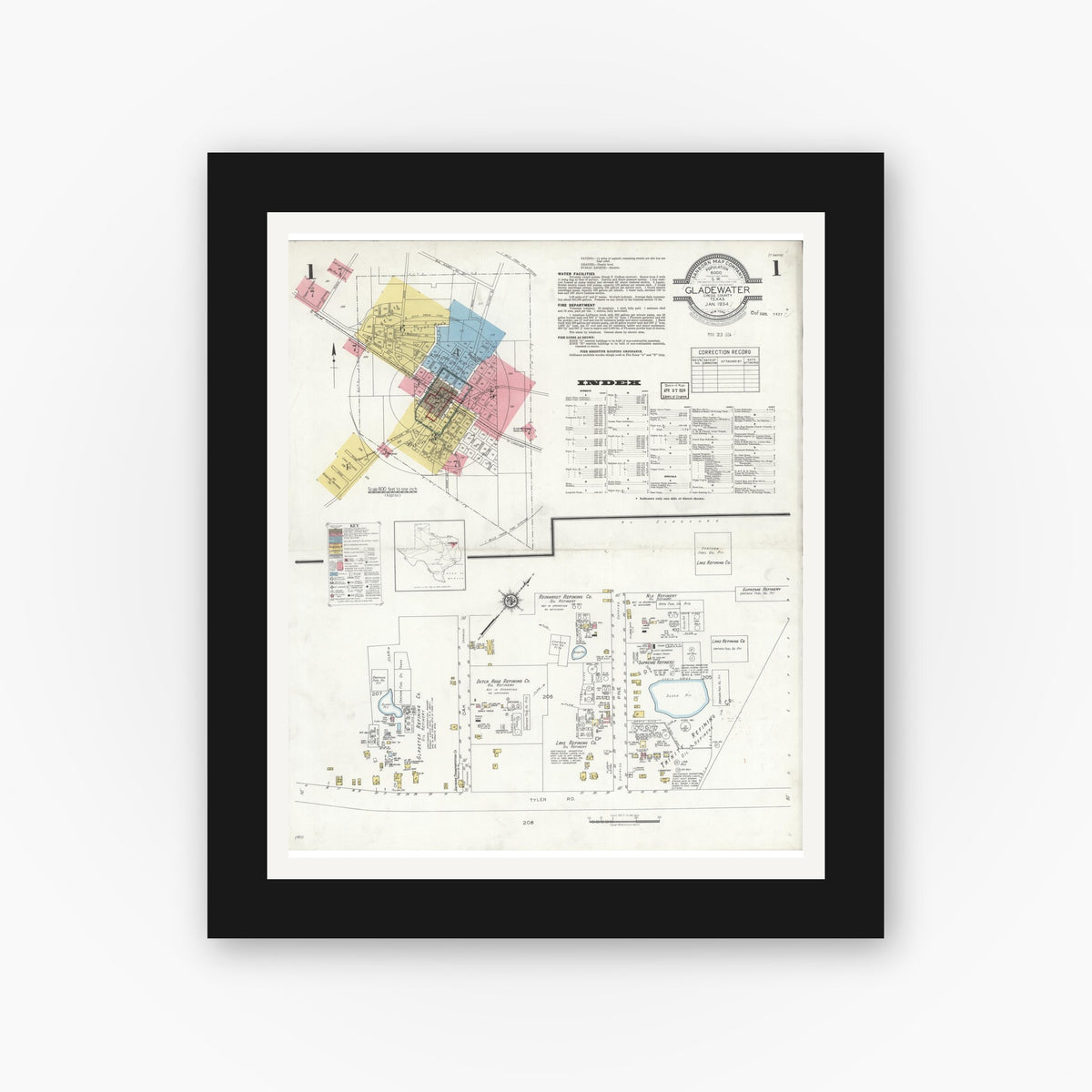 Old map wall art mockup — black gallery frame with white mat — Sanborn Fire Insurance Map from Gladewater, Gregg County, Texas (1934), Sheet #0001