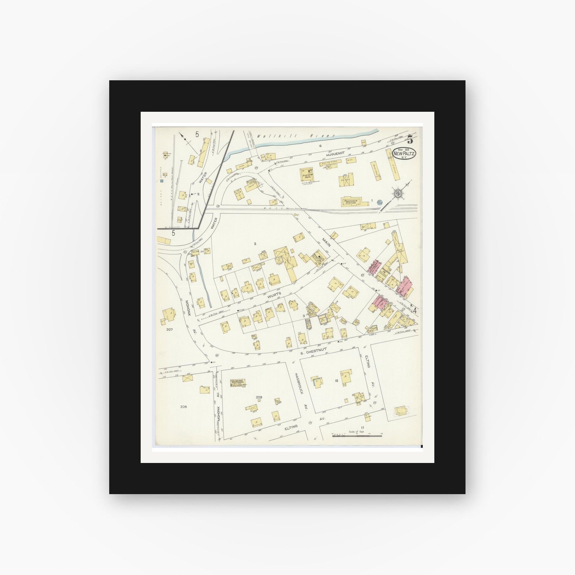 Old map wall art mockup — black gallery frame with white mat — Sanborn Fire Insurance Map from New Paltz, Ulster County, New York (1913), Sheet #0005