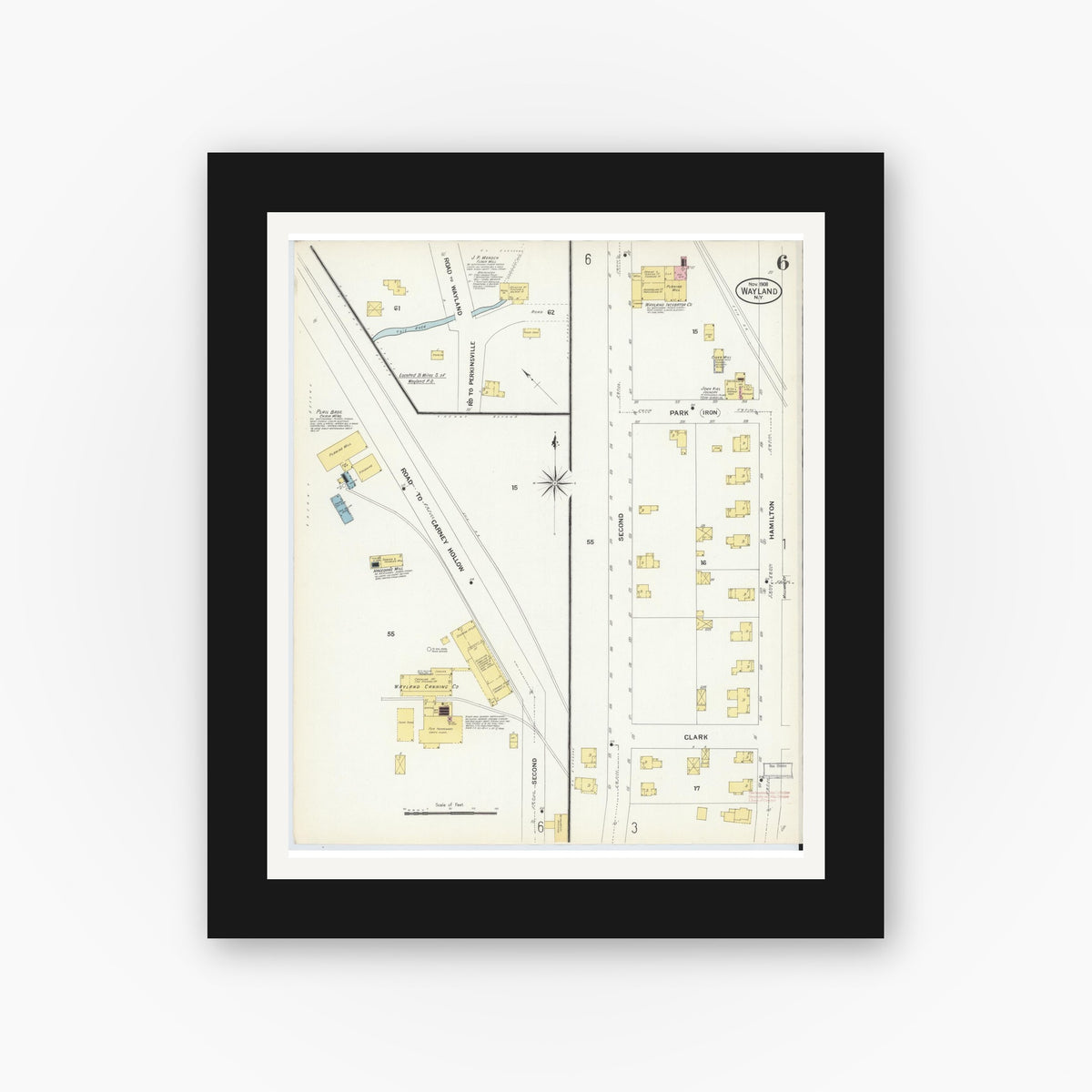 Old map wall art mockup — black gallery frame with white mat — Sanborn Fire Insurance Map from Wayland, Steuben County, New York (1908), Sheet #0006