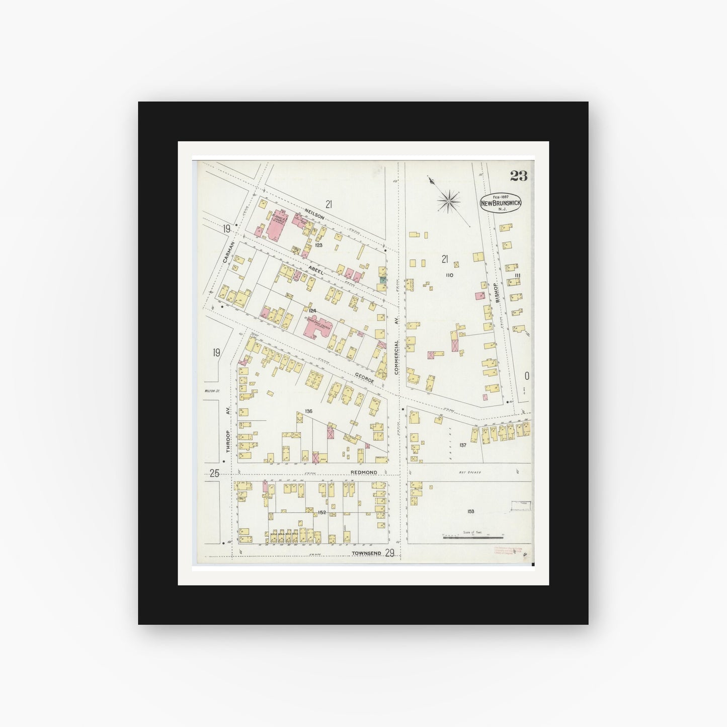 Old map wall art mockup — black gallery frame with white mat — Sanborn Fire Insurance Map from New Brunswick, Middlesex County, New Jersey (1897), Sheet #0023