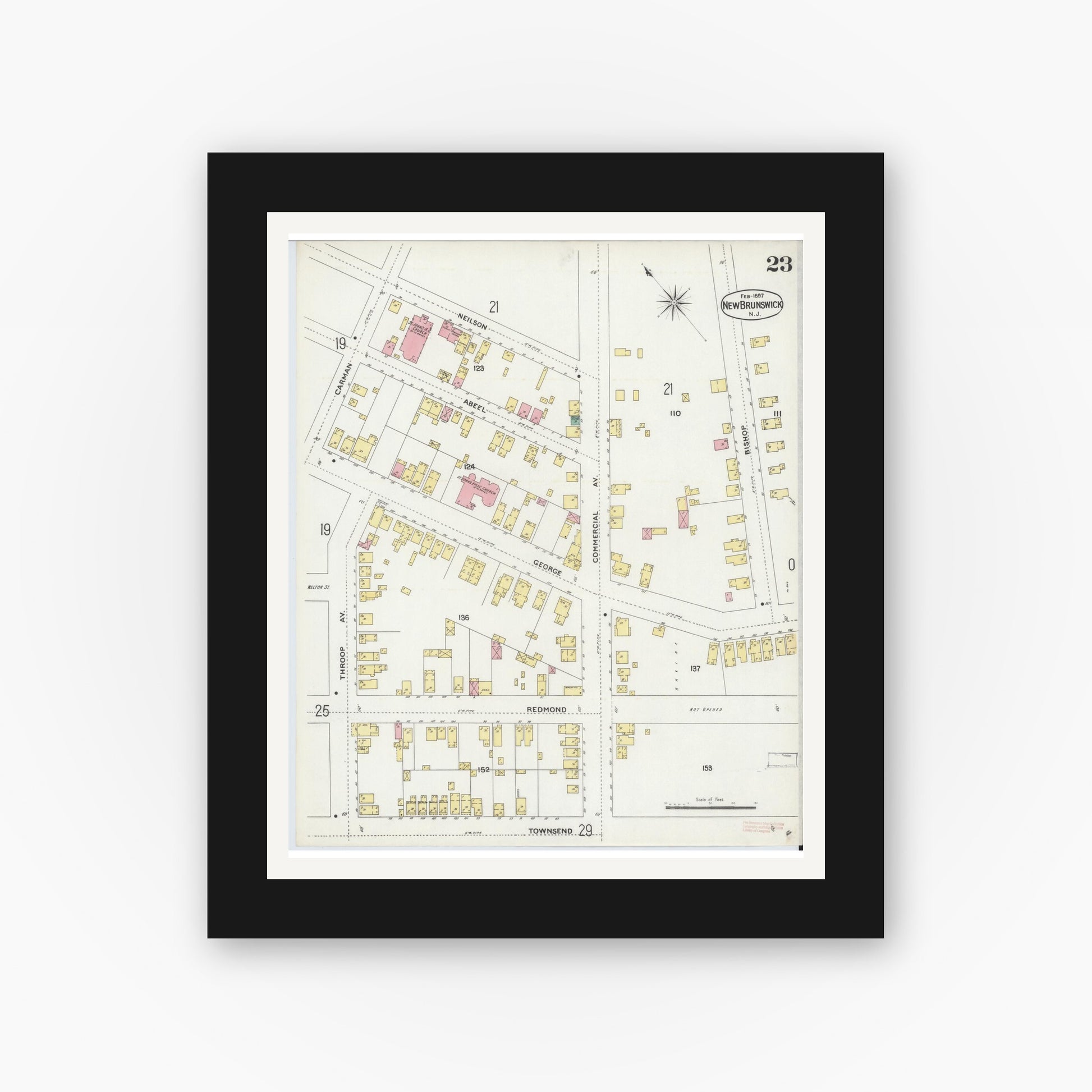 Old map wall art mockup — black gallery frame with white mat — Sanborn Fire Insurance Map from New Brunswick, Middlesex County, New Jersey (1897), Sheet #0023